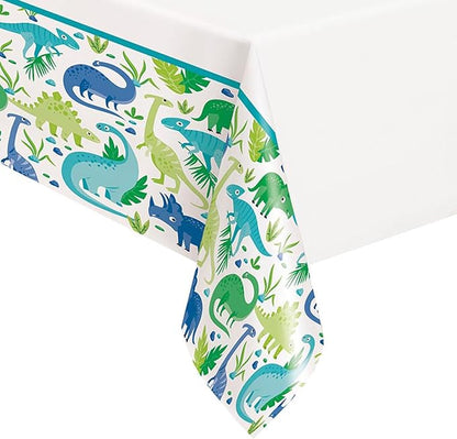 Dino Party Table Cover - Vibrant Blue & Green Dinosaurs 54in x 84in