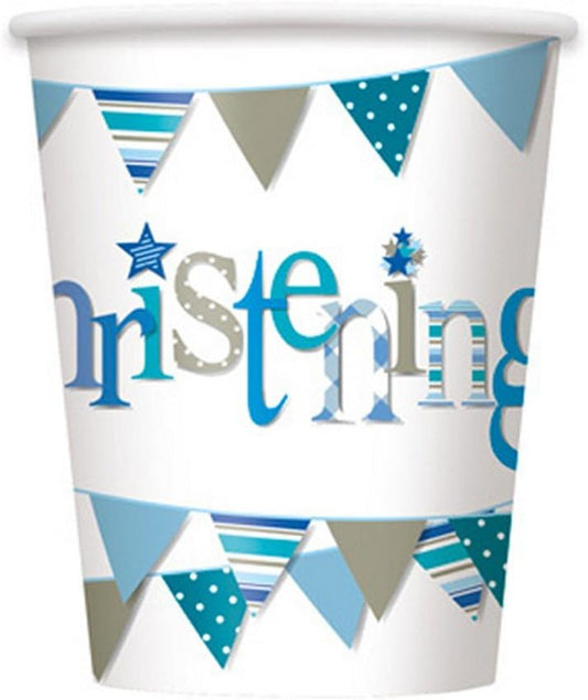 Blue Bunting Christening Paper Cups (9oz) Pack of 8
