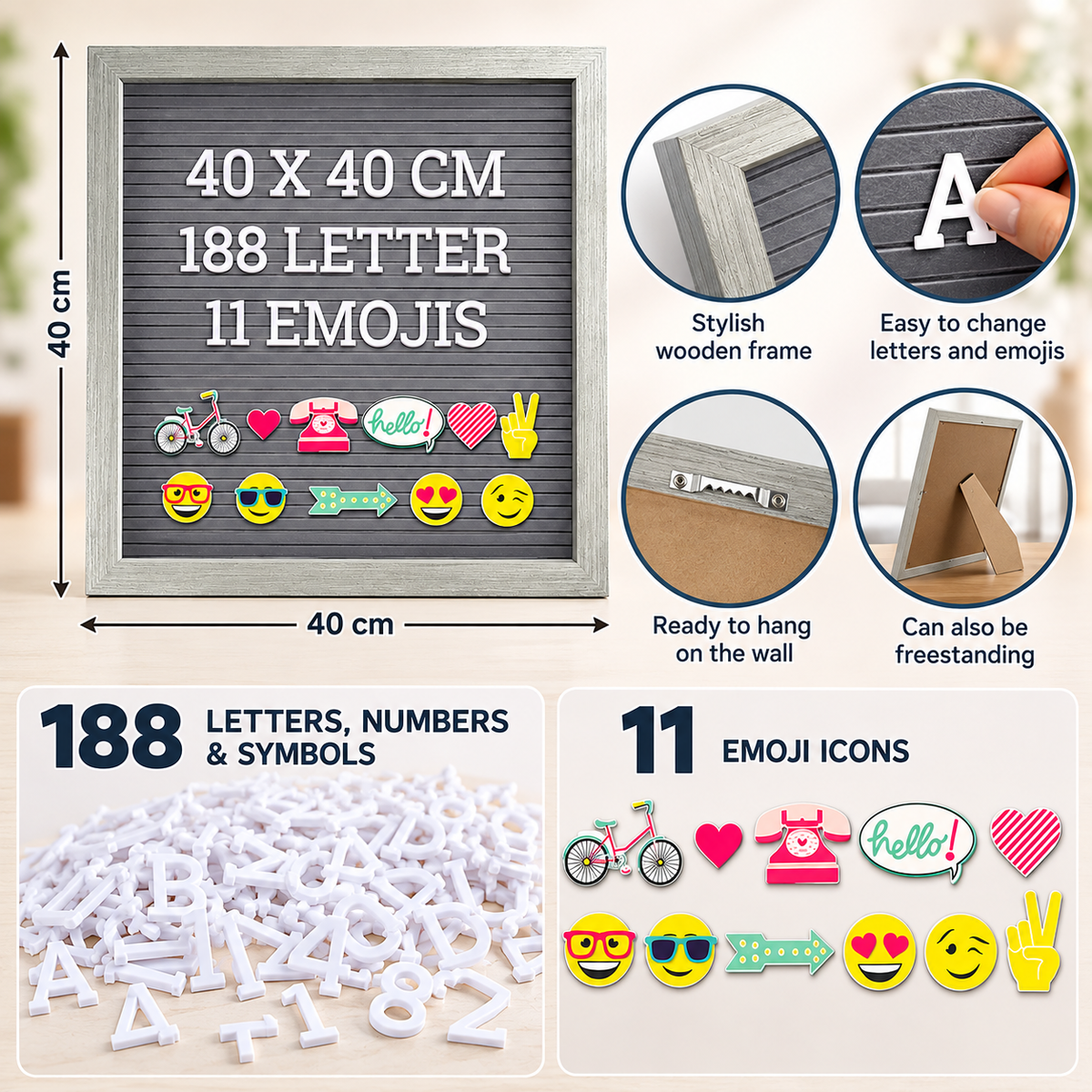 Grey Felt Letter Message Board with 188 Letters & 11 Emojis (40 x 40cm)