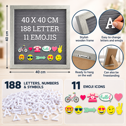 Grey Felt Letter Message Board with 188 Letters & 11 Emojis (40 x 40cm)