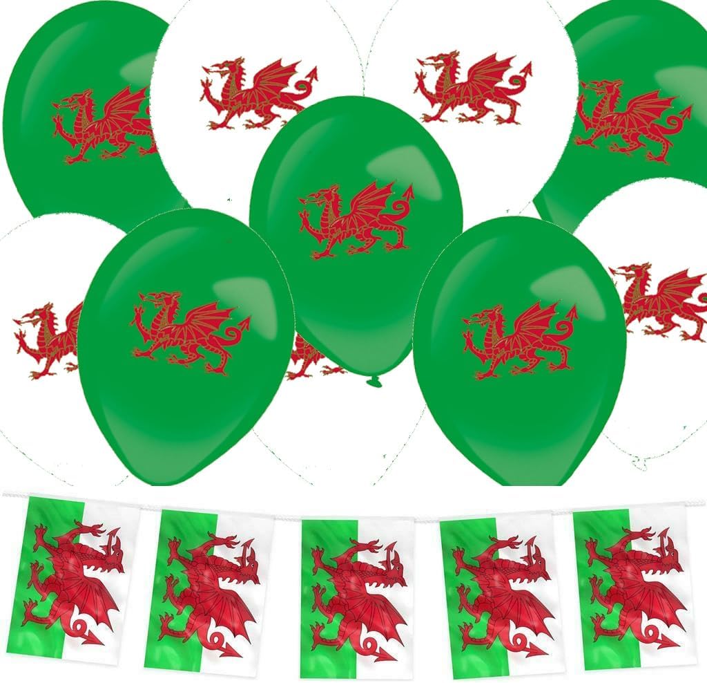 10M 20 Flag Bunting & 24pc x 12" Balloons (Wales)