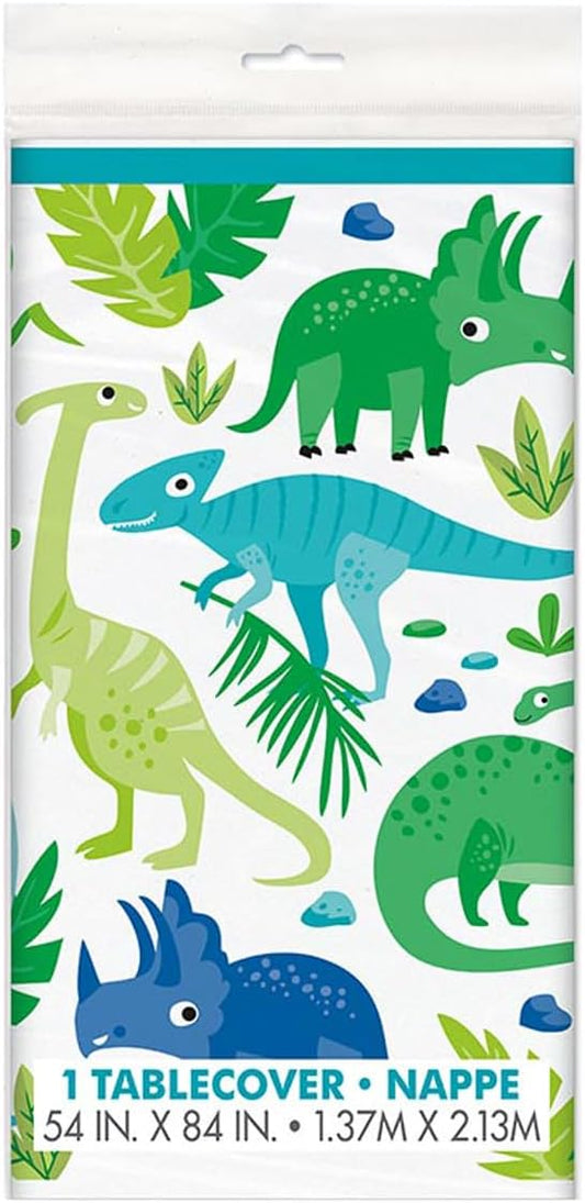Dino Party Table Cover - Vibrant Blue & Green Dinosaurs 54in x 84in