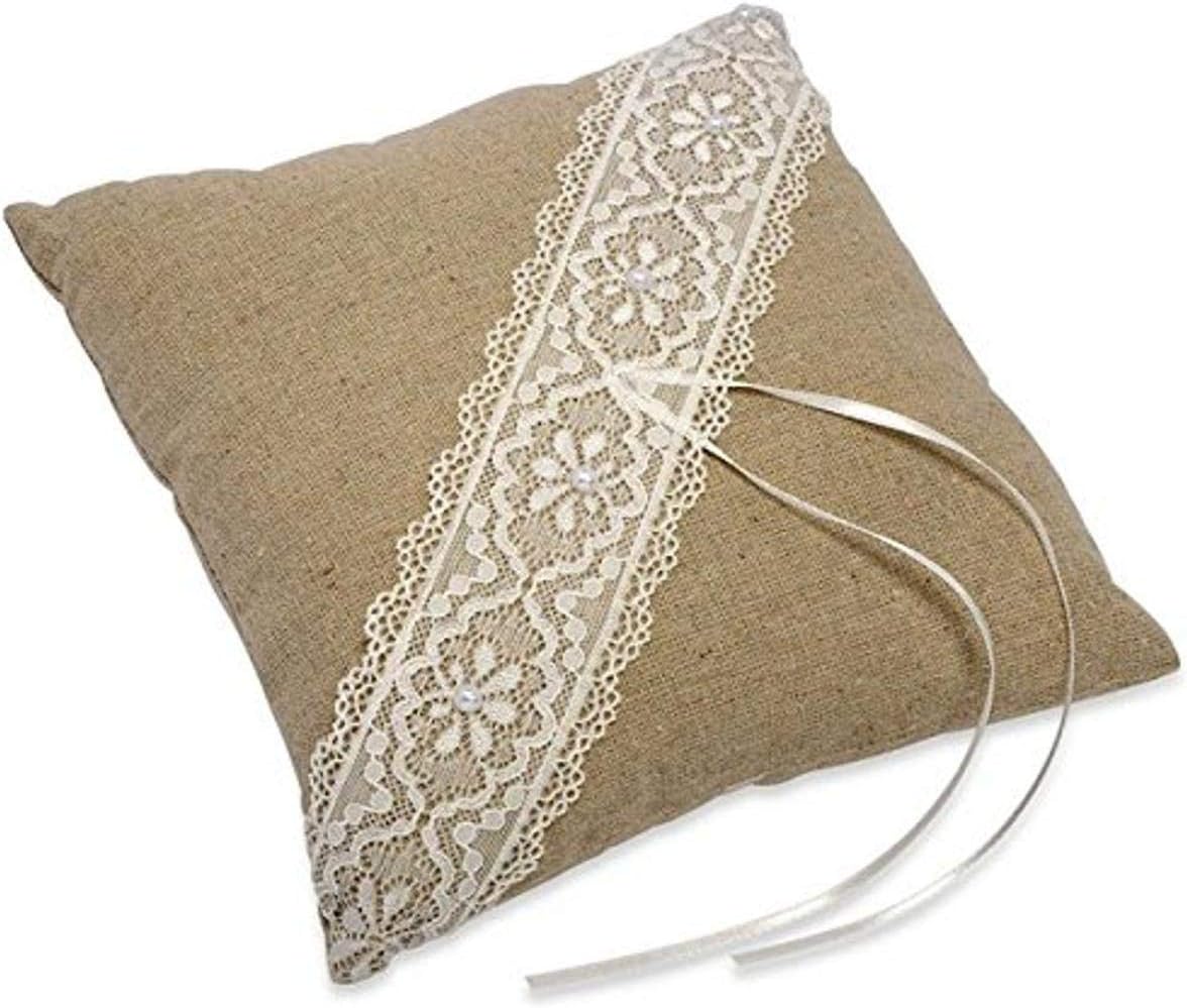 Club Green Linen Square Ring Cushion with lace Fabric, Natural, 29 x 33 x 13 cm
