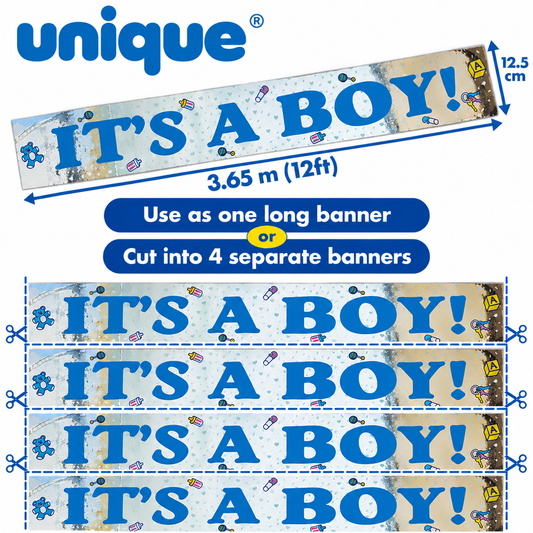 Unique It’s A Boy Baby Shower Banner – 3.65m / 12ft – Cut into 4 Banners