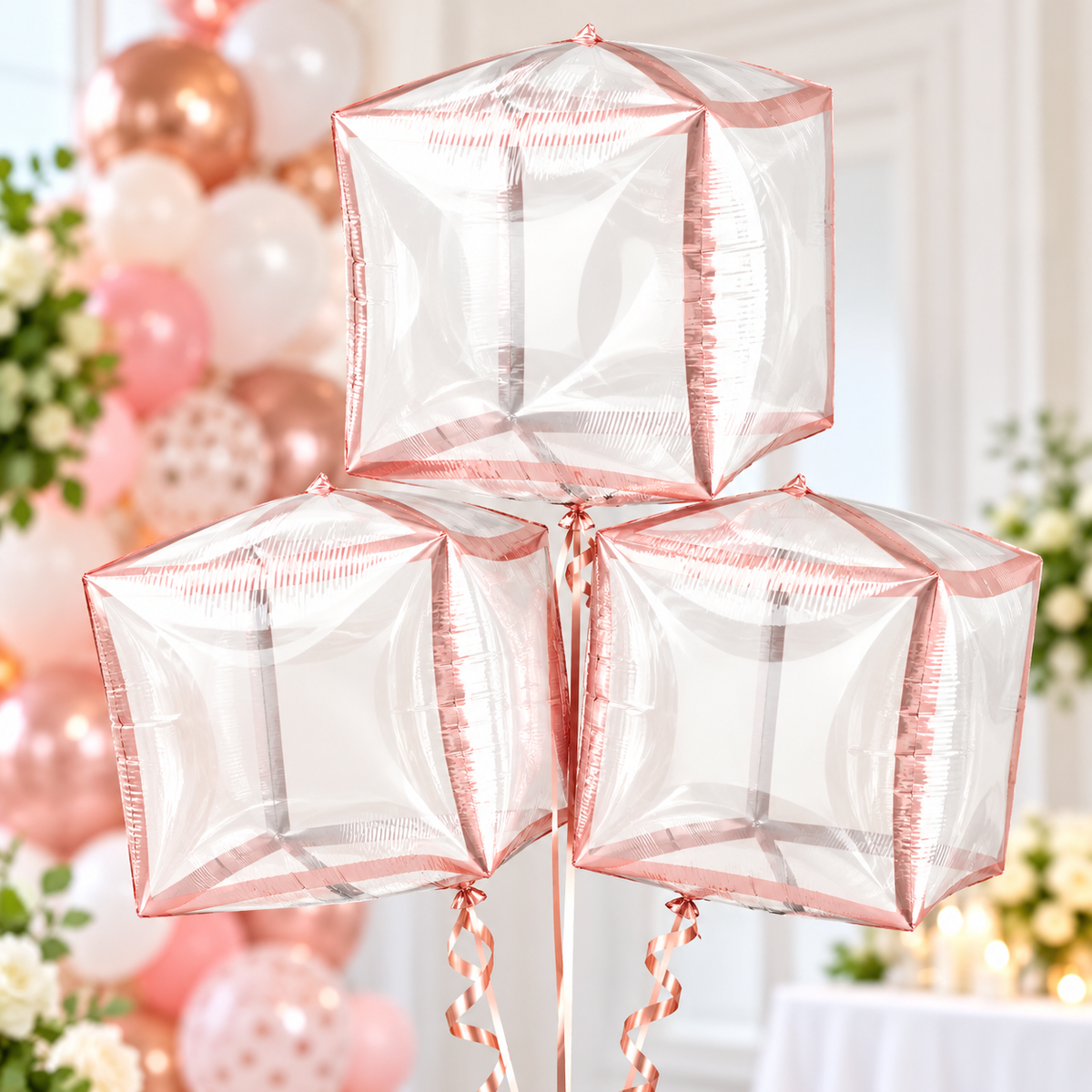 Anagram 15" Clear Rose Gold Trim Cubez Foil Balloons – Pack of 3