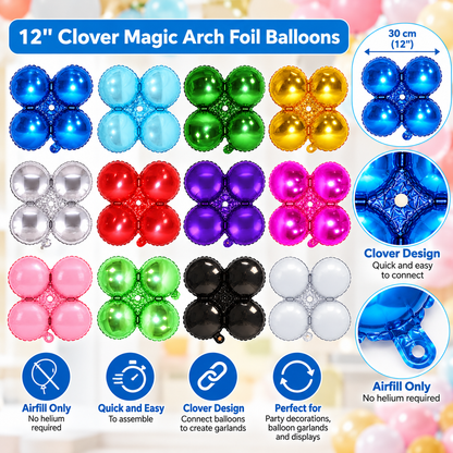 12" Clover Foil Balloons – Easy Magic Arch Air Fill Decorations - Pack of 4