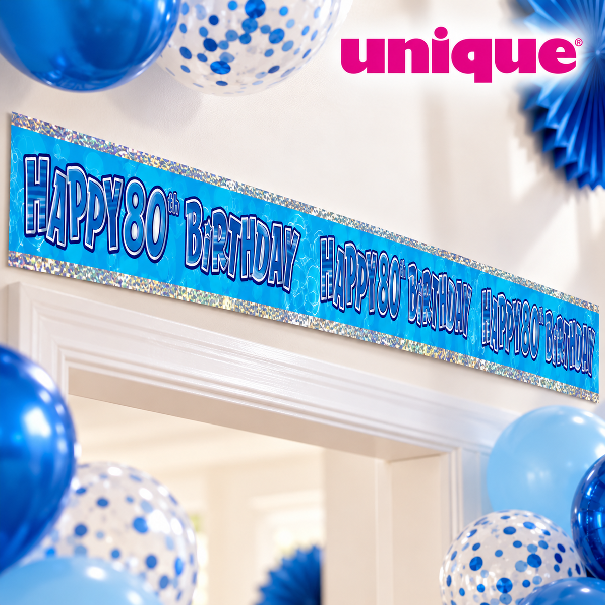 Happy 80th Birthday Banner Blue 2.74m – Cut into 3 Party Banners