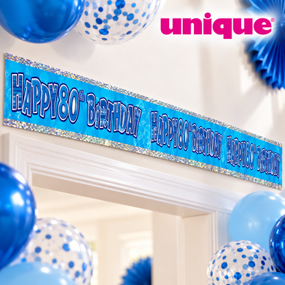 Happy 80th Birthday Banner Blue 2.74m – Cut into 3 Party Banners