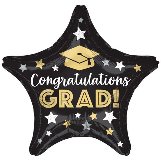 Black & Gold Congratulations Grad 19" Star Foil Balloon