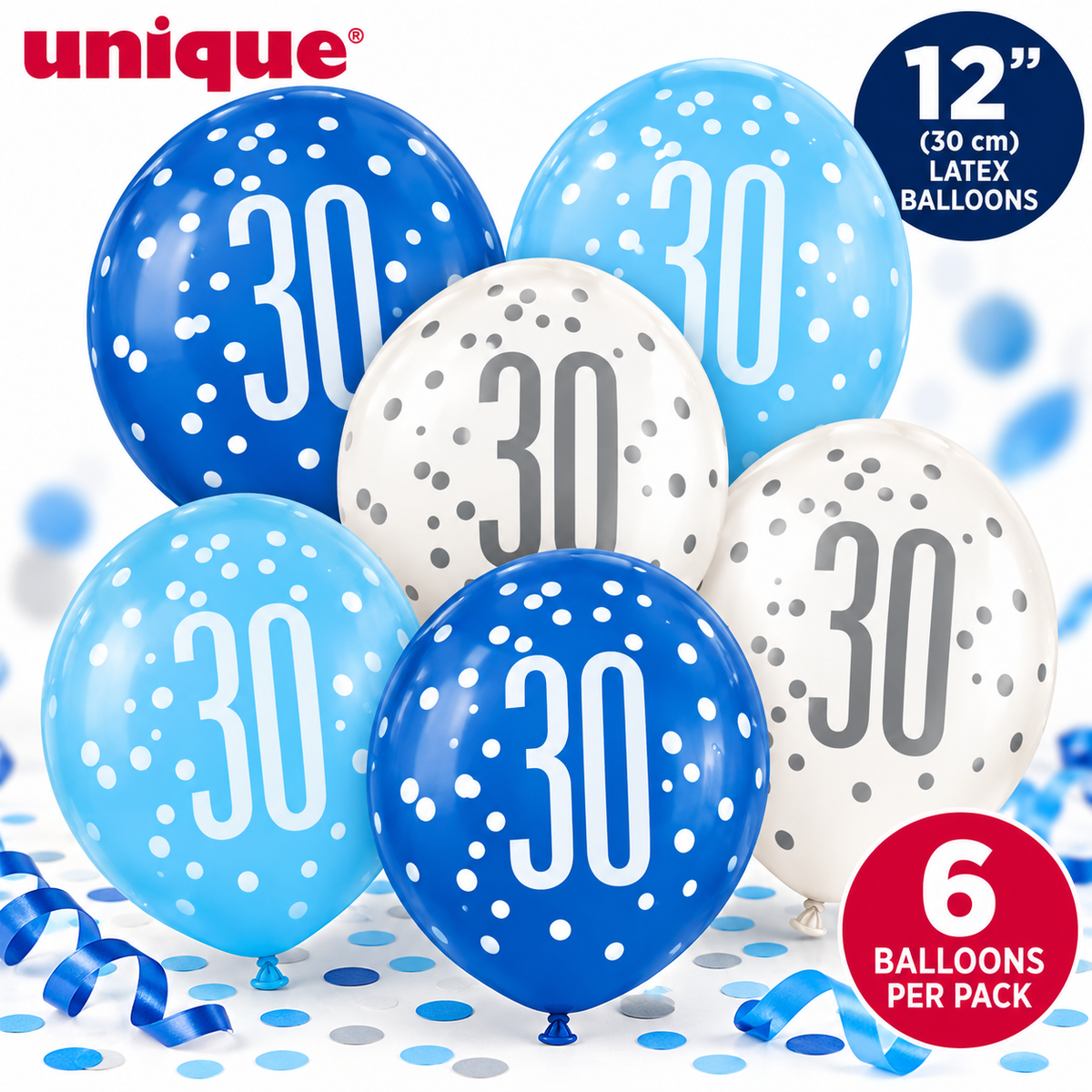 Unique 30th Birthday Balloons 12" – Pack of 6 Blue, Light Blue & White Latex Balloons