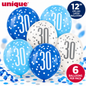 Unique 30th Birthday Balloons 12" – Pack of 6 Blue, Light Blue & White Latex Balloons