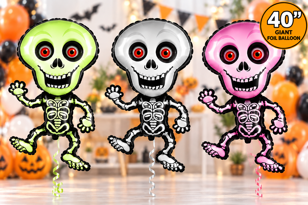 Large Skeleton Foil Balloon – 40" Halloween Decoration – Green, Grey or Fuchsia