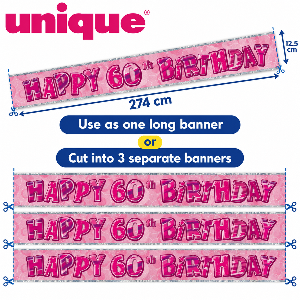 Happy 60th Birthday Pink Holographic Banner – 2.74m – Cut into 3 Banners