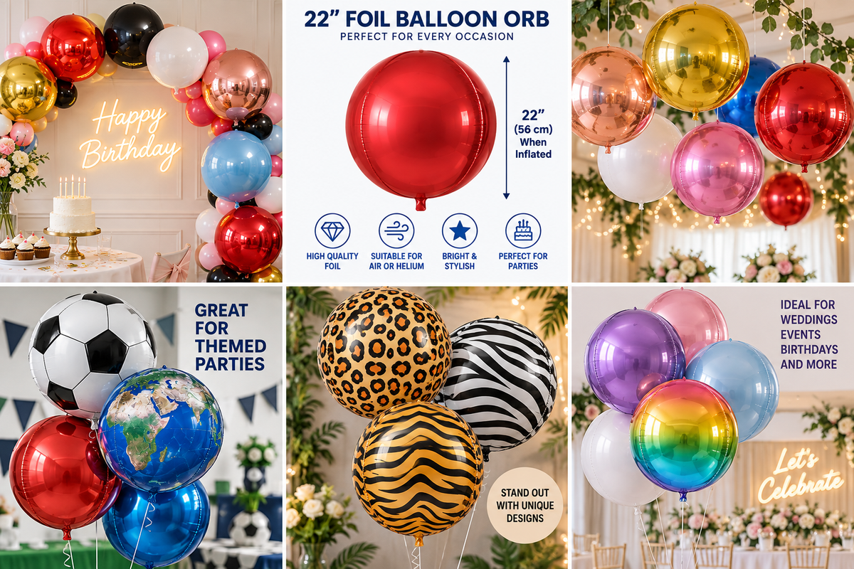 22" Foil Orb Balloon – 4D Round Sphere Balloon – Air or Helium – Birthday, Wedding & Party Decoration – Choice of Colours & Designs