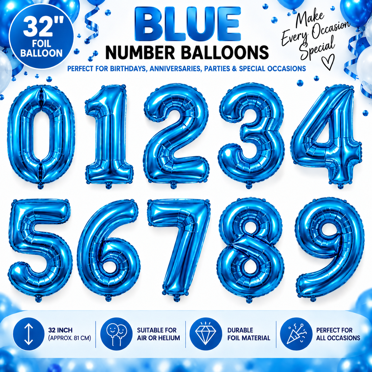 32" Foil Number Balloons 0-9 – Giant Birthday Number Balloon – Gold, Silver, Blue, Pink, Red, Purple, Rose Gold & Rainbow – Air or Helium