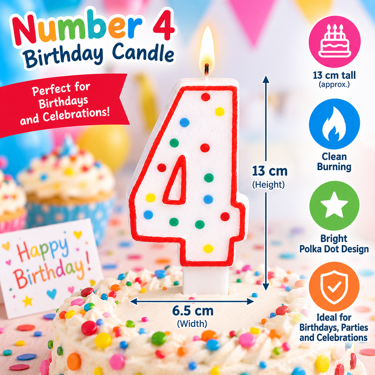Number 4 Birthday Candle Red / Polka Dot 13cm