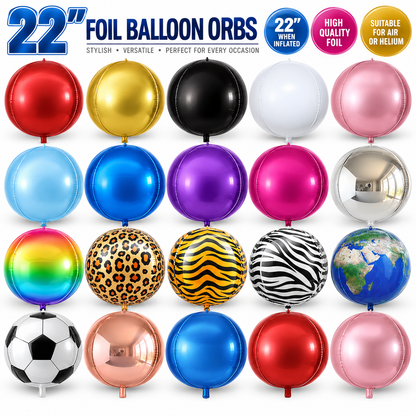 22" Foil Orb Balloon – 4D Round Sphere Balloon – Air or Helium – Birthday, Wedding & Party Decoration – Choice of Colours & Designs