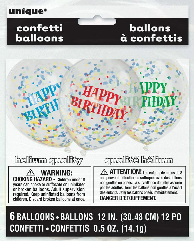 Unique Clear Multicoloured Happy Birthday Confetti 12" Latex Balloons 6ct