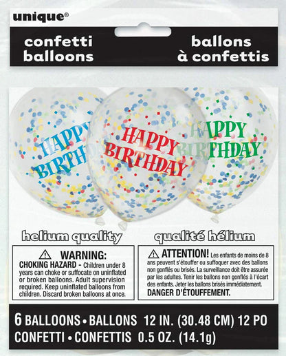 Unique Clear Multicoloured Happy Birthday Confetti 12" Latex Balloons 6ct