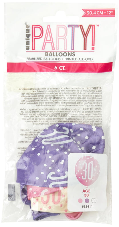 Unique 30th Birthday Balloons 12" – Pack of 6 Pink, Purple & White Latex Balloons