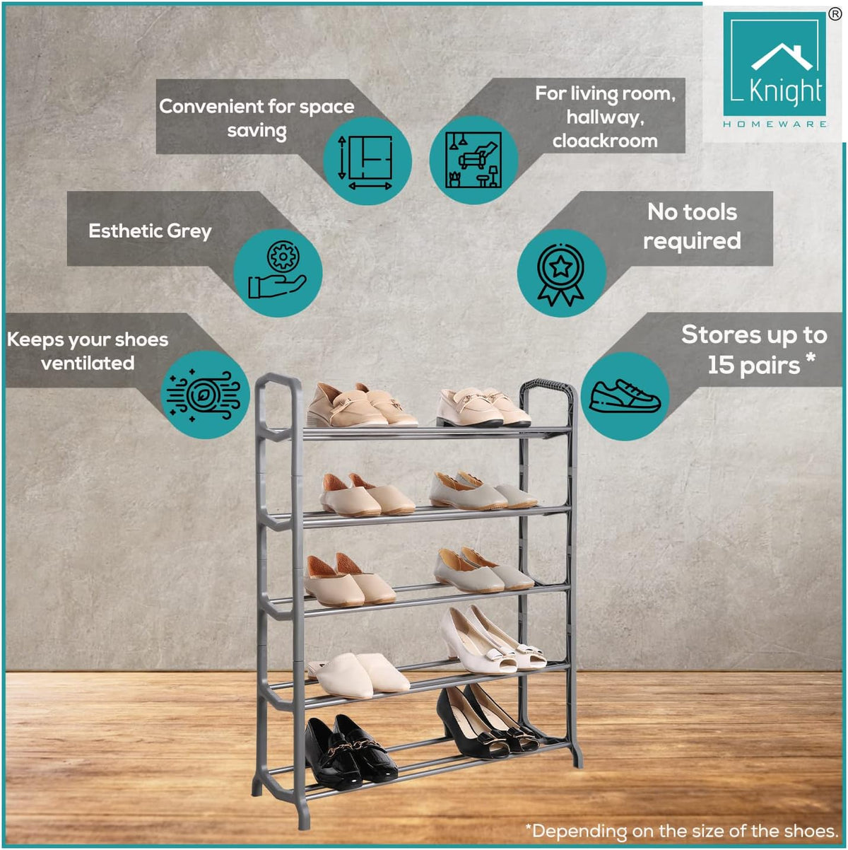 5 Tier Shoe Rack – Holds 15–20 Pairs – Compact Shoe Storage Organiser 66 x 23 x 83cm