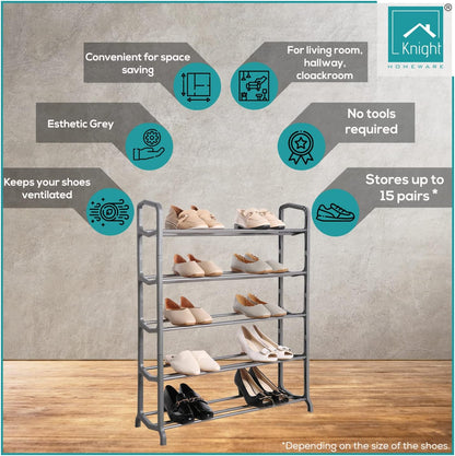 5 Tier Shoe Rack – Holds 15–20 Pairs – Compact Shoe Storage Organiser 66 x 23 x 83cm