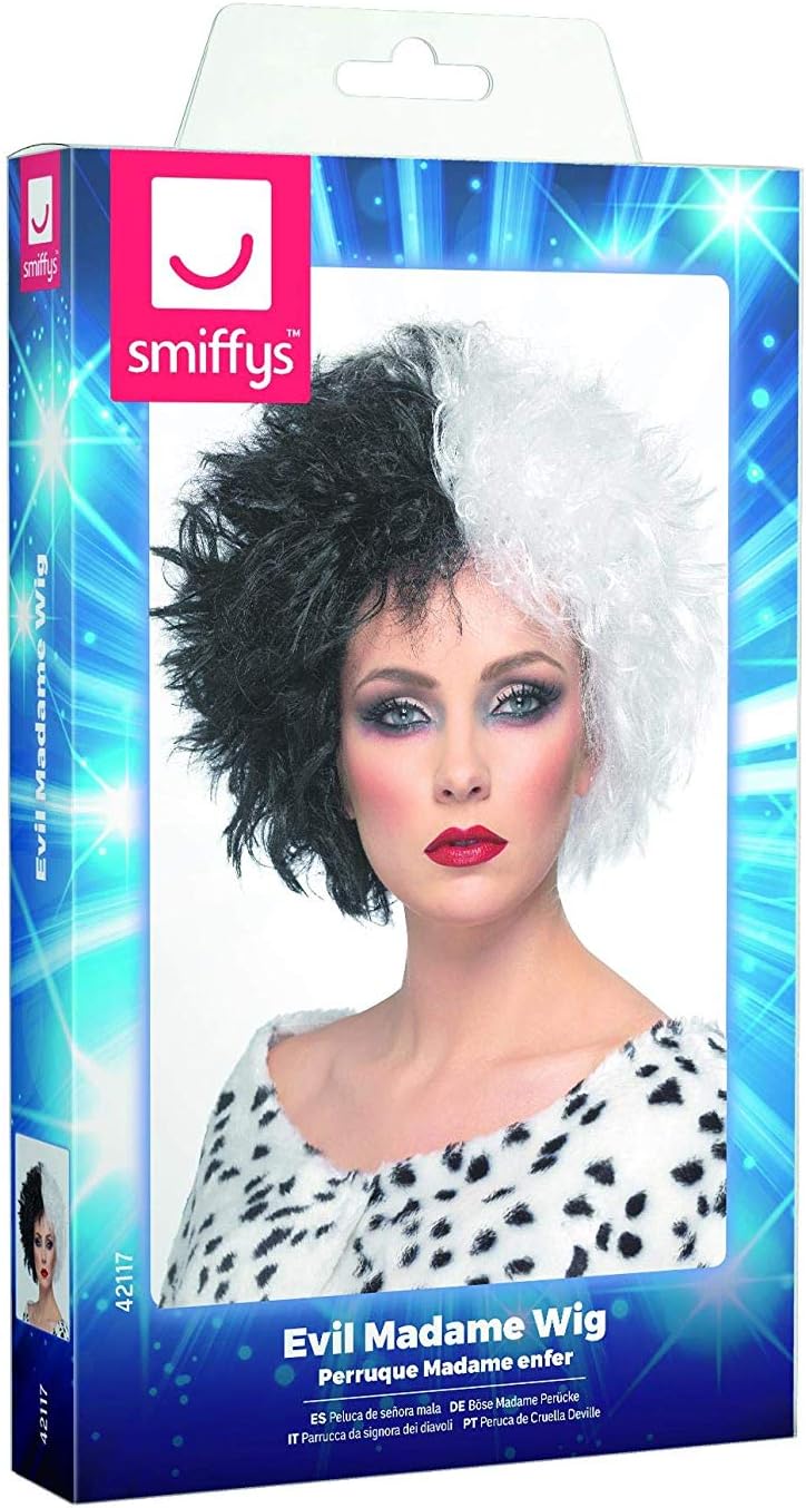 Smiffys Evil Madame Wig, Black & White Short, Curly, Icons & Idols Fancy Dress, Adult Dress Up Wigs Halloween