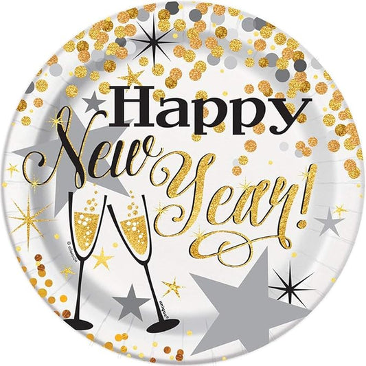 Glittering New Year Party Paper Cake Plates, 7" Black/Gold/Silver 8ct