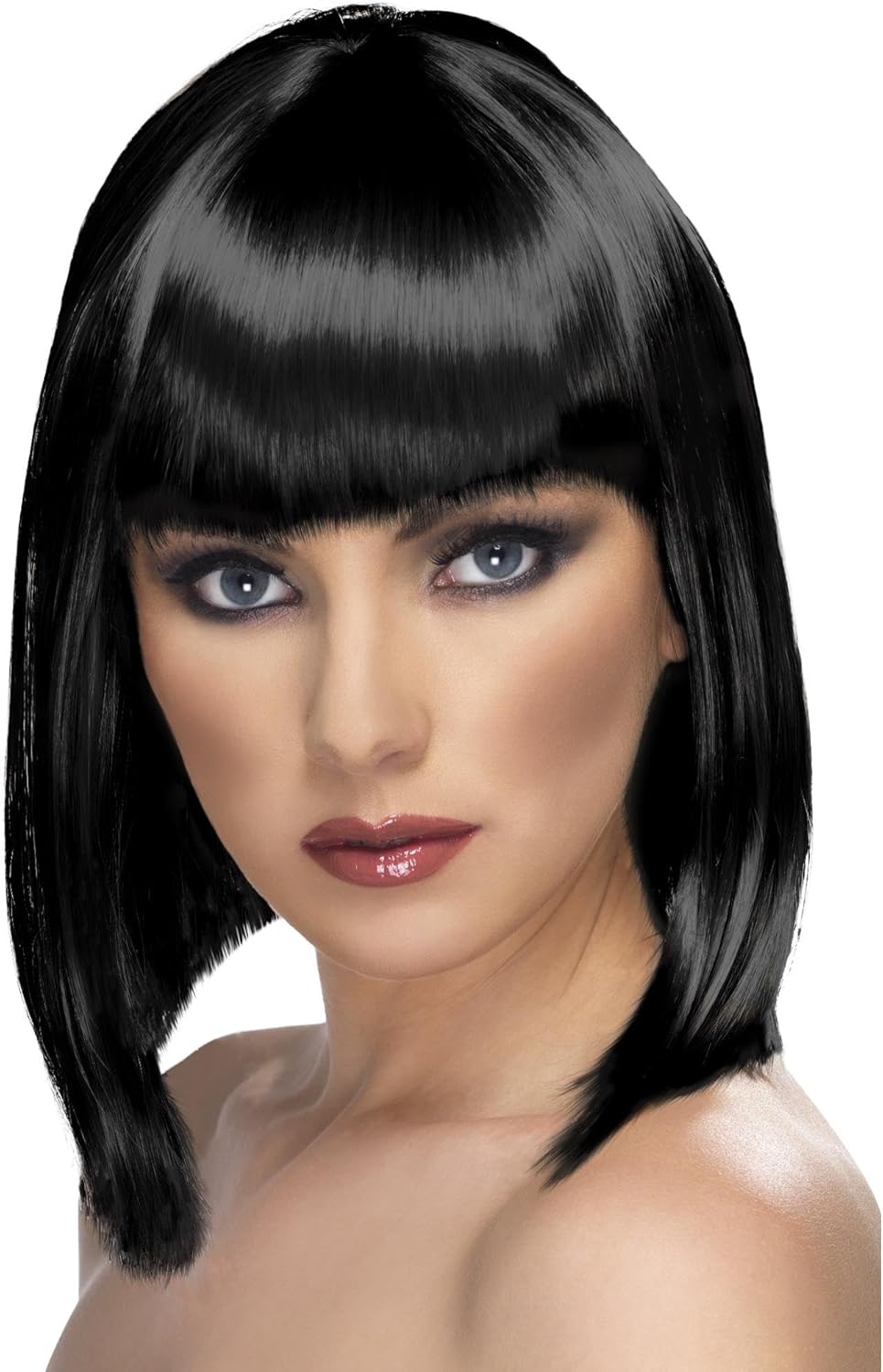 Smiffys Glam Wig, Black Short, Blunt with Fringe, Ladies Glamour Wigs Fancy Dress, Adult Dress Up Wigs Halloween