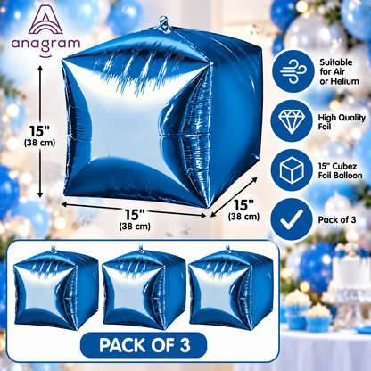 Anagram 15" Blue Cubez Foil Balloons – Pack of 3