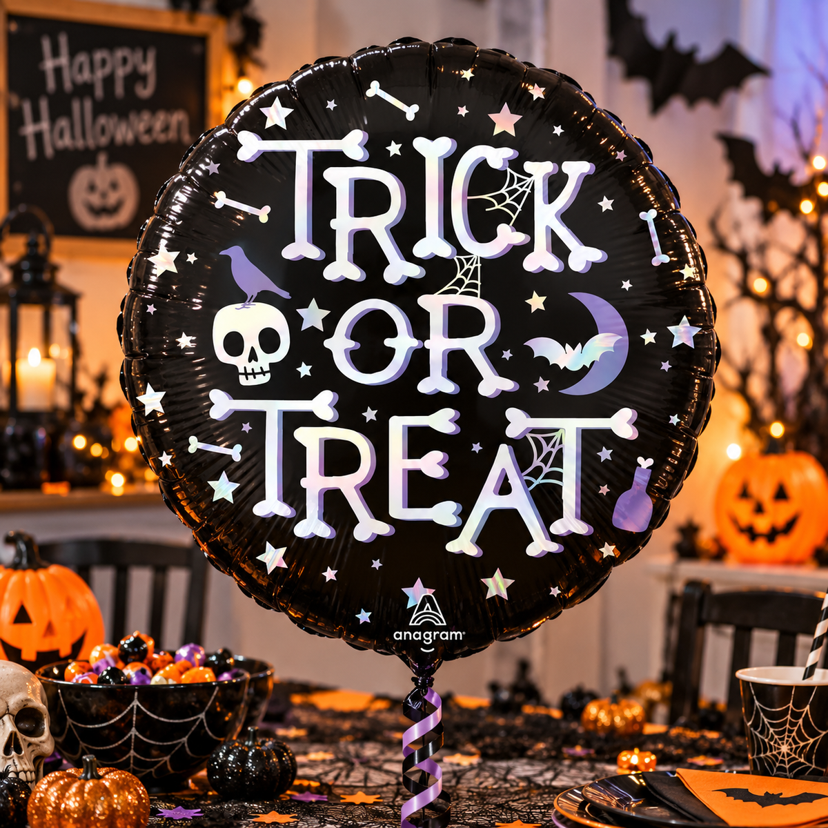 Trick or Treat Halloween 18" Foil Balloon – Black Skull Bat Party Decoration