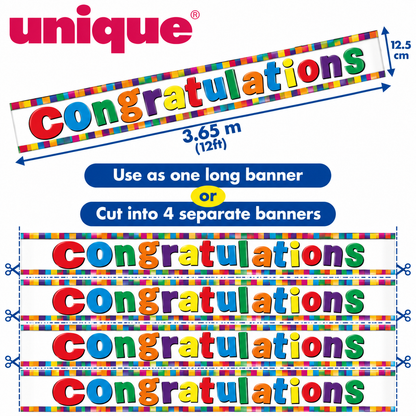 Congratulations Colourful Banner – 3.65m / 12ft – Cut into 4 Banners
