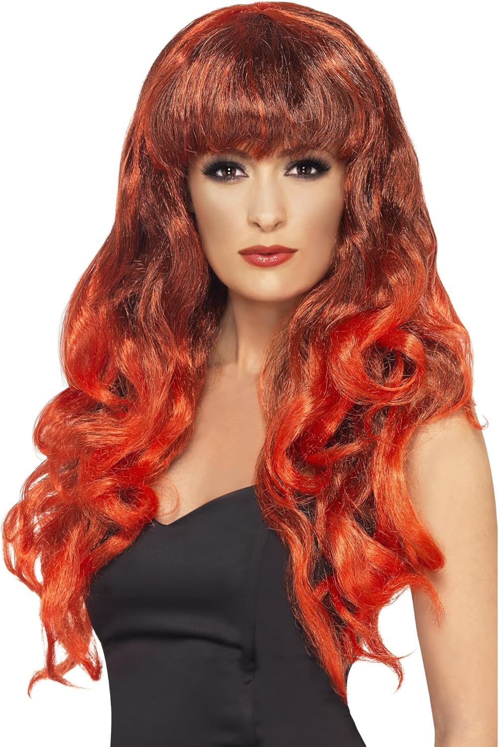 Smiffys Siren Wig, Red & Black Long, Curly with Fringe, Ladies Glamour Wigs Fancy Dress, Adult Dress Up Wigs