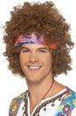 Smiffys Hippie Afro Kit, Brown with Wig, Headscarf & Peace Sign Necklace, 1960's Groovy Fancy Dress, Adult Dress Up Wigs Halloween