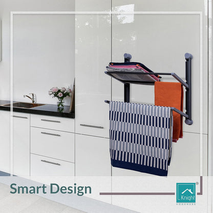 2 Tier Kitchen Towel Organiser – Foldable Wall Mounted Towel Rack – Stick-On (Grey)