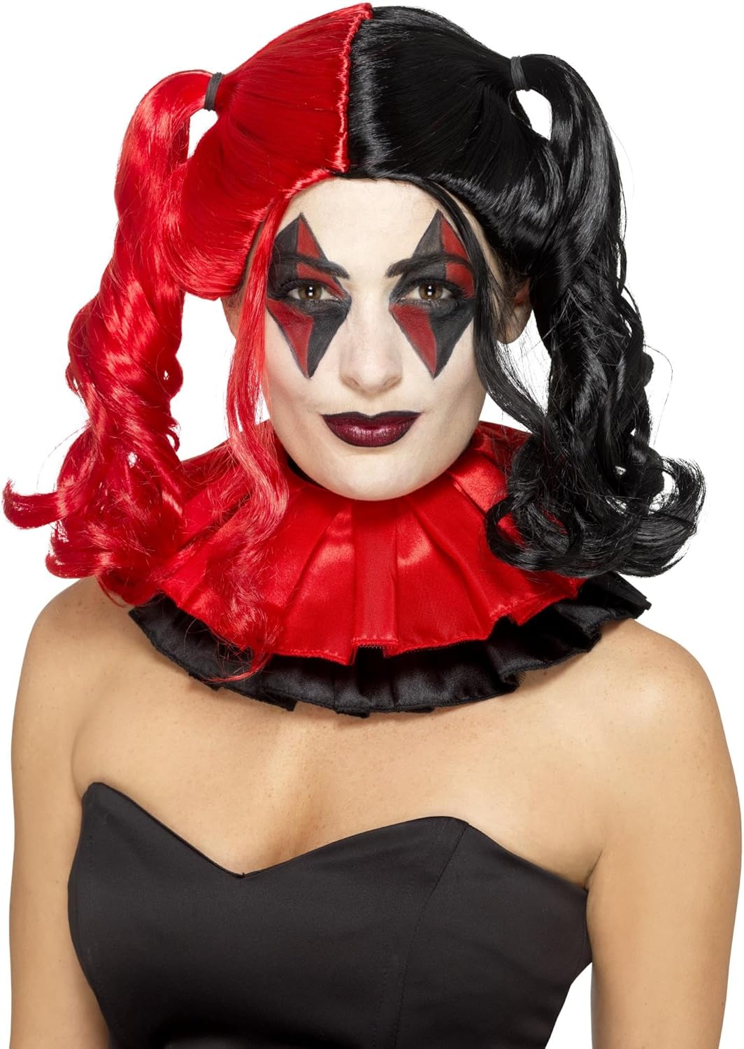 Smiffys Twisted Harlequin Wig, Black & Red with Bunches, Halloween Cirque Sinister Fancy Dress, Halloween Dress Up Wigs