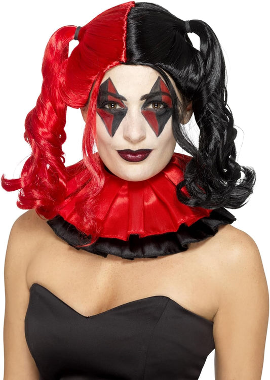 Smiffys Twisted Harlequin Wig, Black & Red with Bunches, Halloween Cirque Sinister Fancy Dress, Halloween Dress Up Wigs