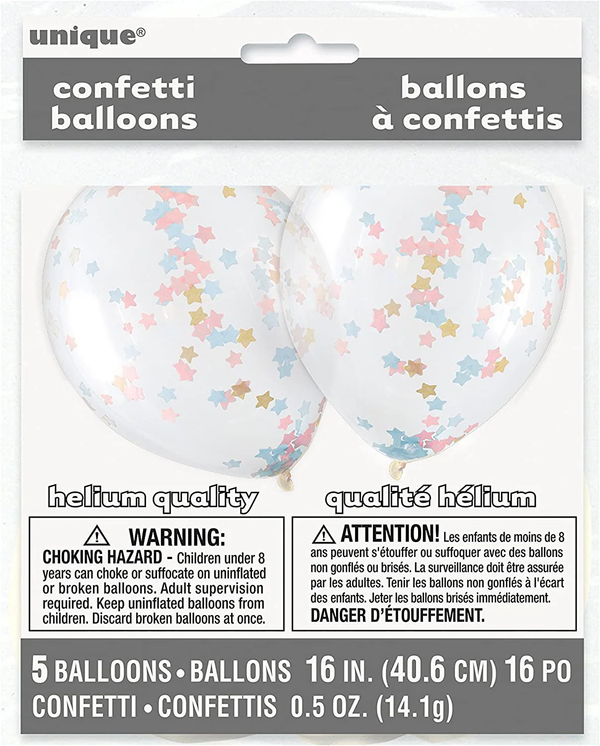 Unique Clear with Pastel Stars Confetti 16" Latex Balloons 5ct