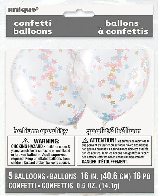 Unique Clear with Pastel Stars Confetti 16" Latex Balloons 5ct