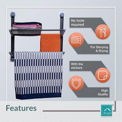 2 Tier Kitchen Towel Organiser – Foldable Wall Mounted Towel Rack – Stick-On (Grey)