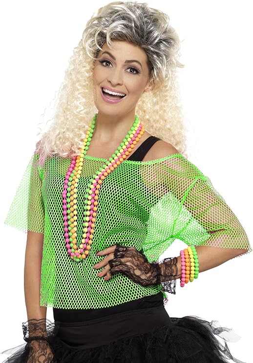 Smiffys Fishnet Top, Neon Green , 1980's Fancy Dress