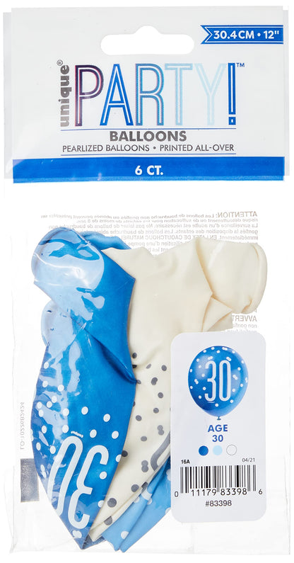 Unique 30th Birthday Balloons 12" – Pack of 6 Blue, Light Blue & White Latex Balloons