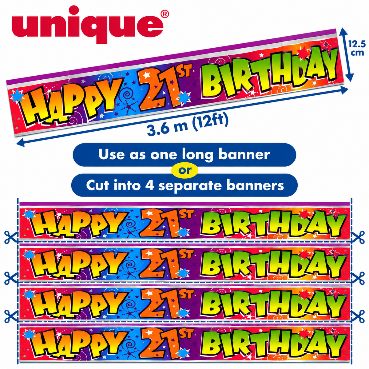 Happy 21st Birthday Banner – 3.6m / 12ft – Cut into 4 Banners