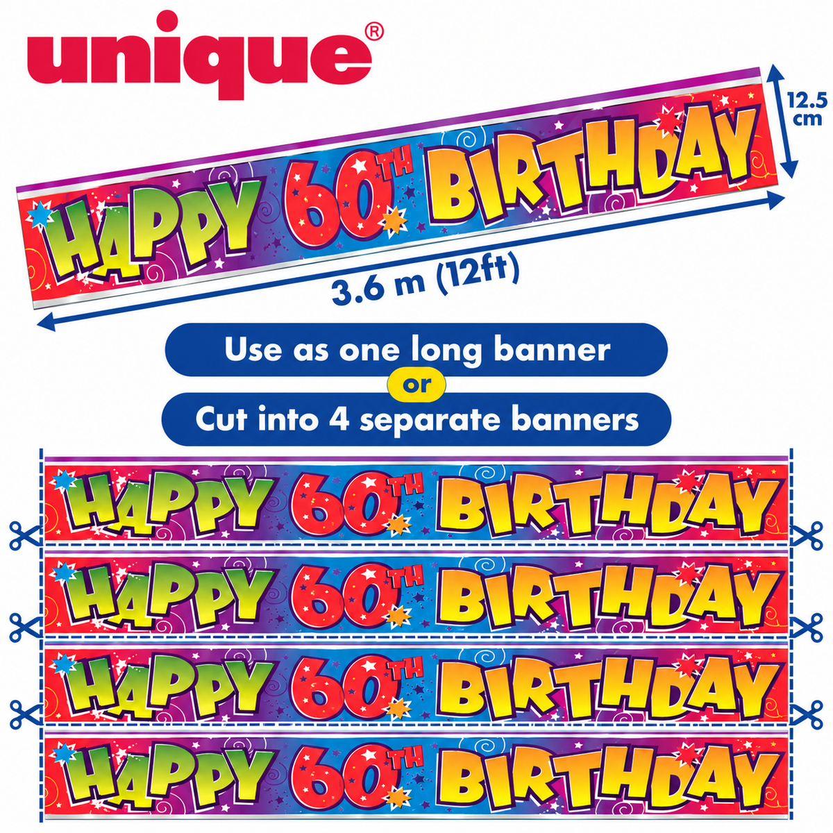 Happy 60th Birthday Banner – 3.6m / 12ft – Cut into 4 Banners