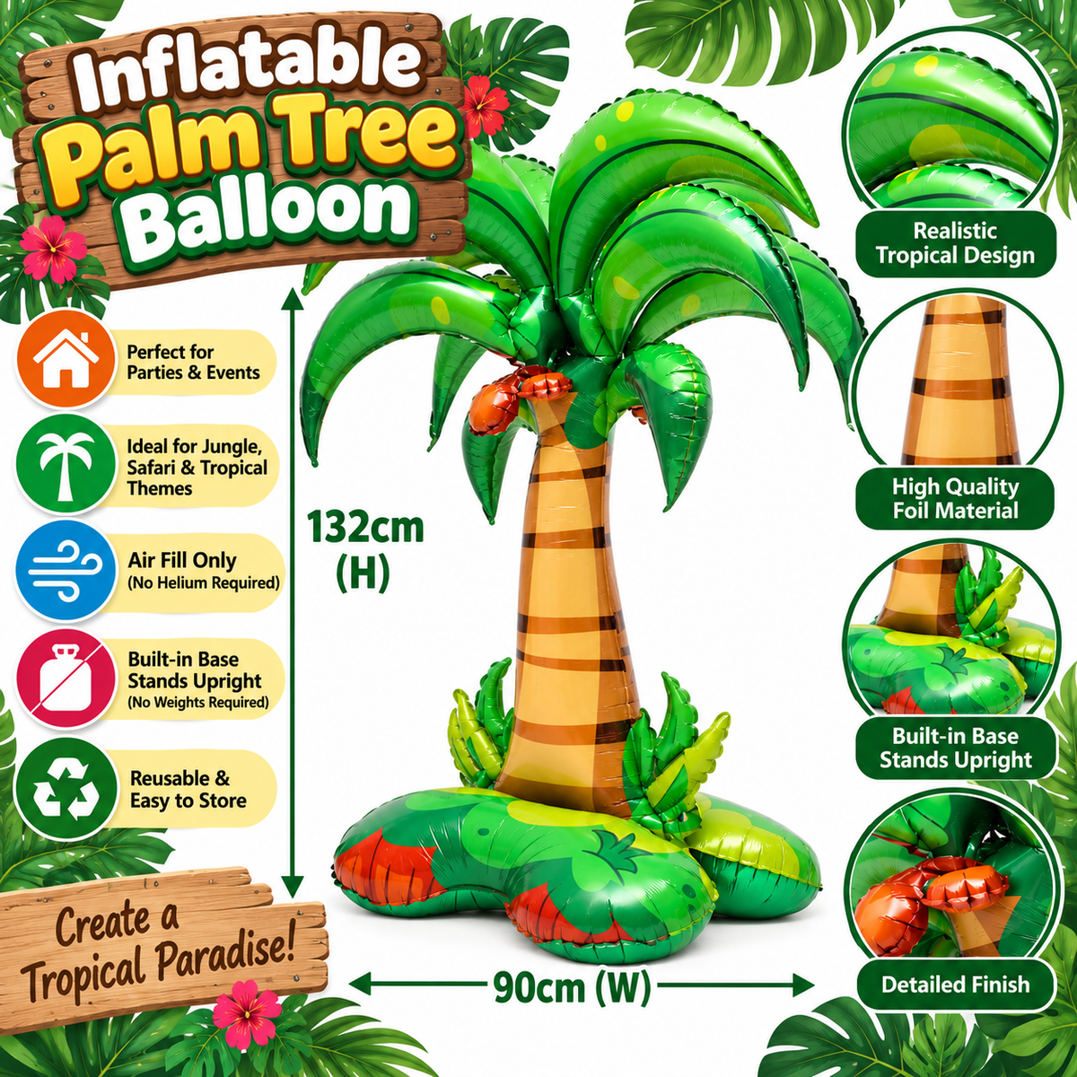 Freestanding Palm Tree Foil Balloon 132cm x 90cm Tropical Jungle Party Decoration