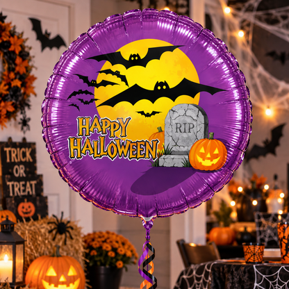 18" Happy Halloween Foil Balloon Purple Bats Pumpkin & Tombstone Party Decoration