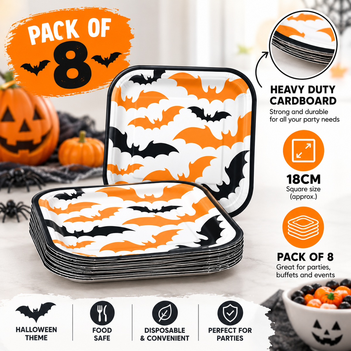 Halloween Bat Paper Plates 18cm Square – Pack of 8 Heavy Duty Party Plates