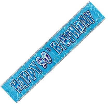 Happy 90th Birthday Banner Blue 2.74m – Cut into 3 Party Banners
