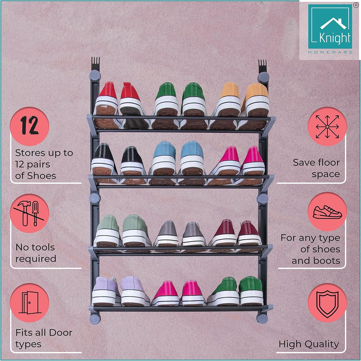 Over the Door 4 Tier Shoe Organiser - Holds up to 12 pairs [Grey]