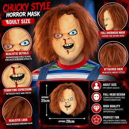 Chucky Style Horror Mask Adult Full Head with Hair – Halloween Fancy Dress